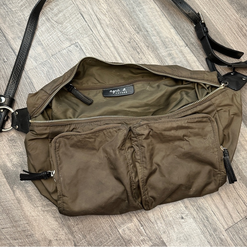 Agnes B. Voyage Brown Green Nylon Bag Leather Black Strap Purse Handbag
